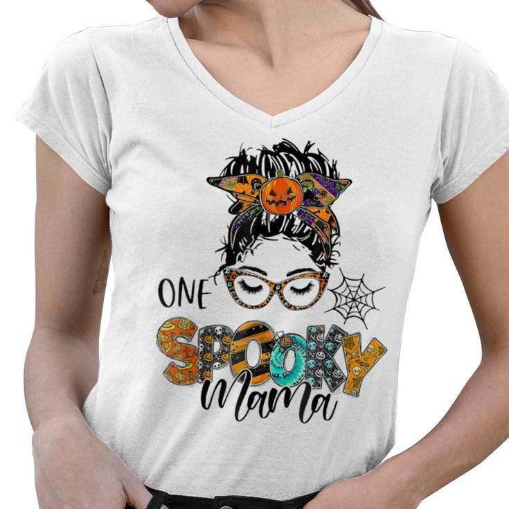 One Spooky Mama For Halloween Messy Bun Mom Monster Bleached  Women V-Neck T-Shirt
