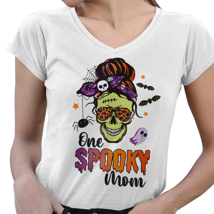 One Spooky Mama Mom Halloween Skull Messy Hair Bun Mother  Women V-Neck T-Shirt