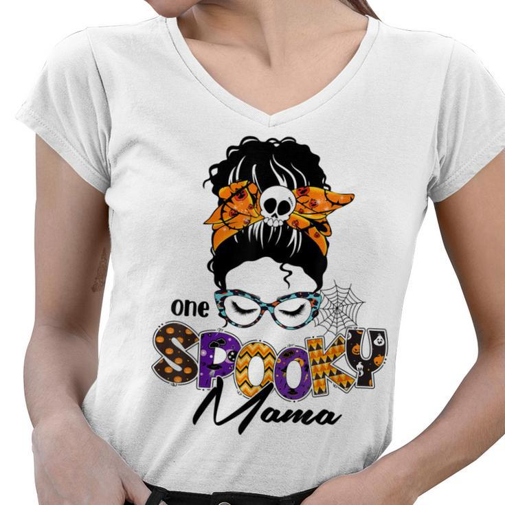One Spooky Mama Pumpkin Messy Bun Sunglasses Halloween Women  Women V-Neck T-Shirt