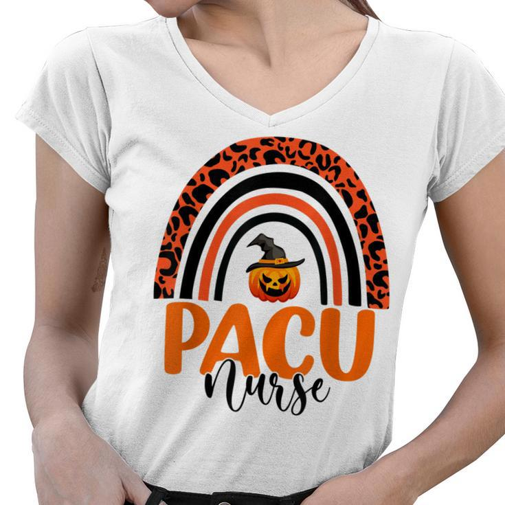 Pacu Nurse Leopard Rainbow Halloween Pumpkin Nursing  Women V-Neck T-Shirt