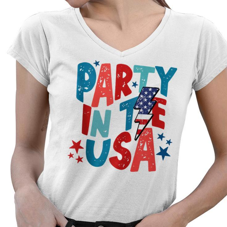 Party In The Usa Funny 4Th Of July American Flag  Women V-Neck T-Shirt