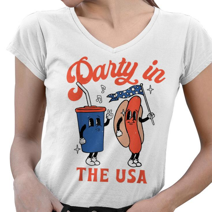 Party In The Usa  Hot Dog Kids Funny Fourth Of July  Women V-Neck T-Shirt