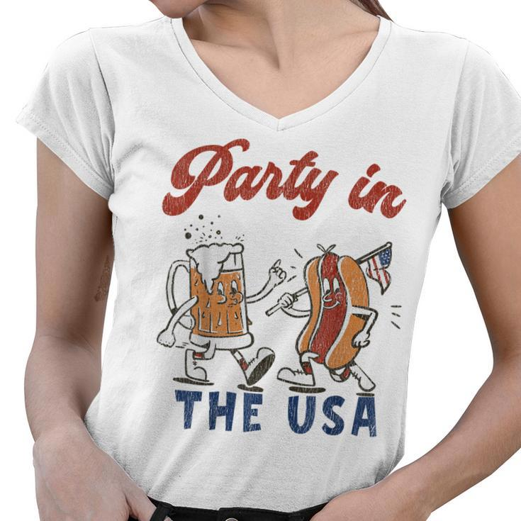 Party In The Usa  Hot Dog Love Usa Funny Fourth Of July  Women V-Neck T-Shirt