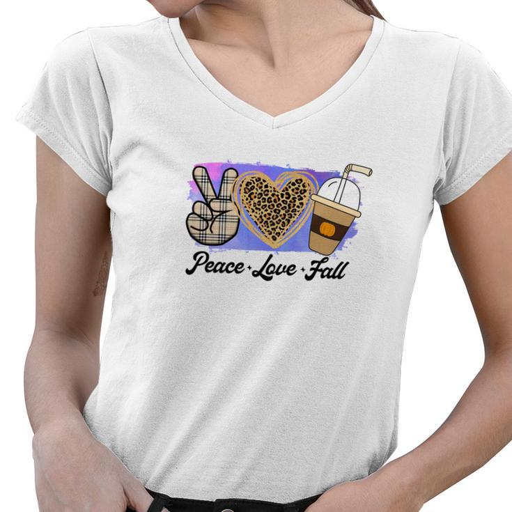 Peace Love Fall Latte Leopard Heart Women V-Neck T-Shirt