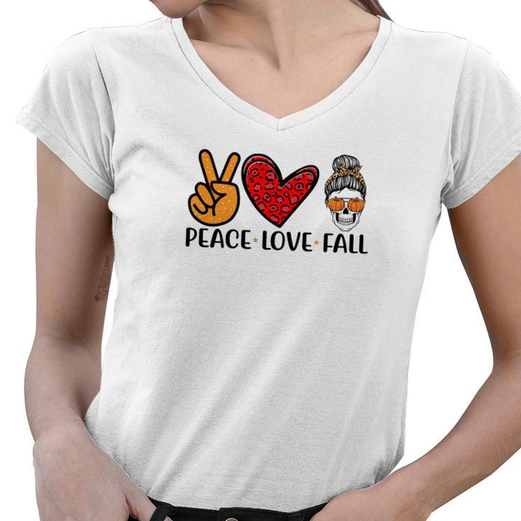 Peace Love Fall Messy Bun Girl Women V-Neck T-Shirt