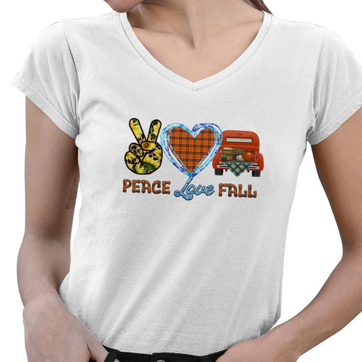 Peace Love Fall Truck Sunflower Heart Women V-Neck T-Shirt