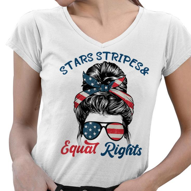 Pro Choice Feminist Stars Stripes Equal Rights Messy Bun  Women V-Neck T-Shirt