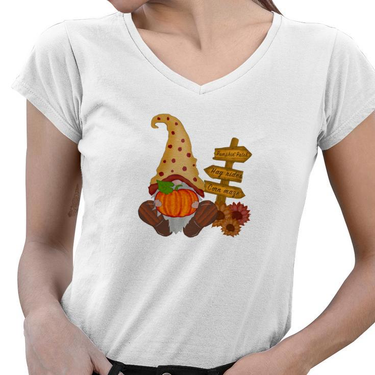 Pumpkin Patch Hay Rides Corn Maze Fall Gnomes Women V-Neck T-Shirt