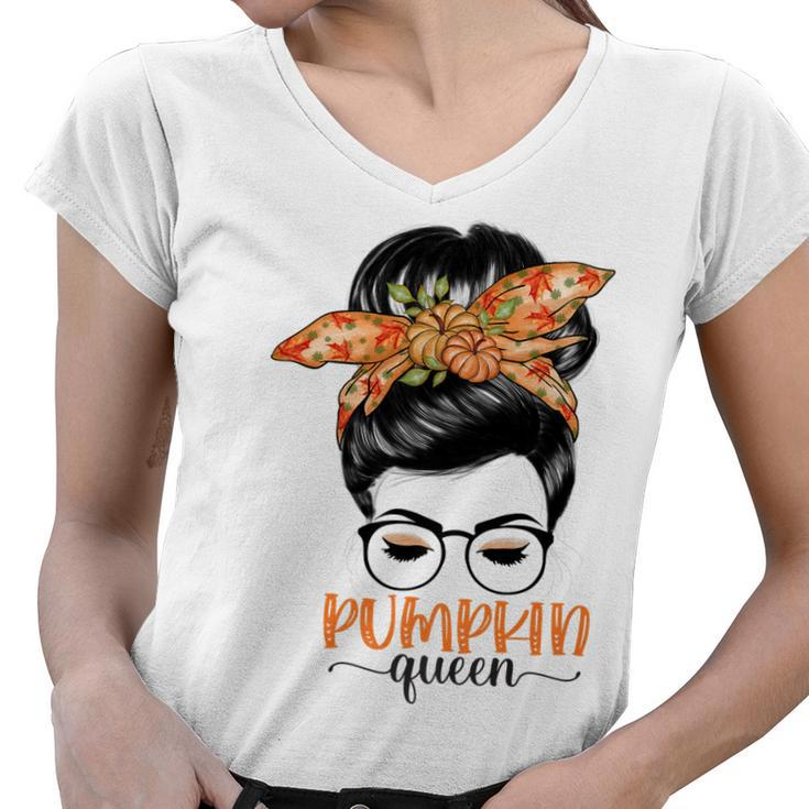 Pumpkin Queen Pumpkin Messy Bun Fall Autumn Thanksgiving   Women V-Neck T-Shirt