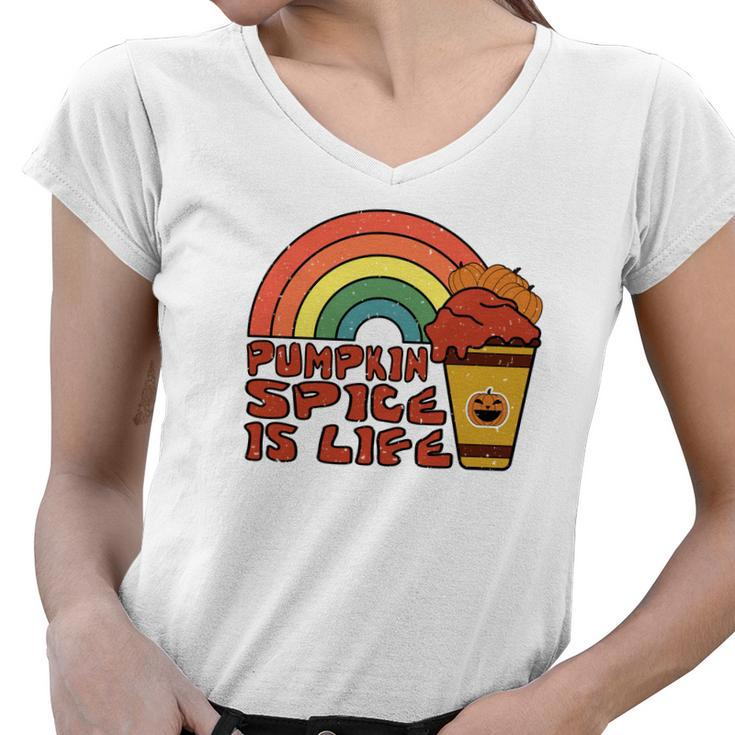 Pumpkin Spice Is Life Fall Rainbow Women V-Neck T-Shirt