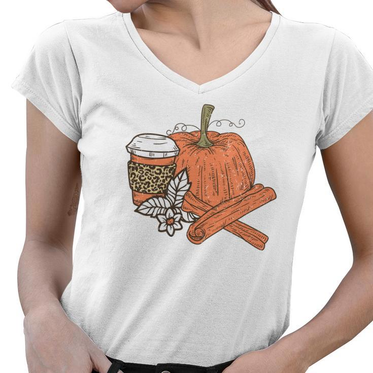 Pumpkin Spice Latte Flowers Fall Women V-Neck T-Shirt