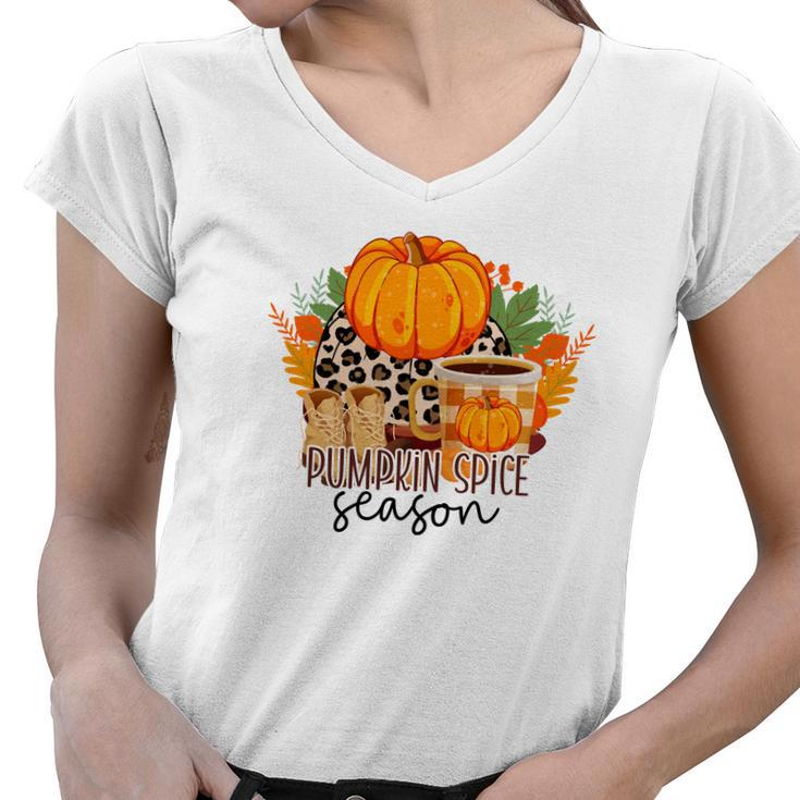 Pumpkin Spice Season Sweater Weather Fall Women V-Neck T-Shirt