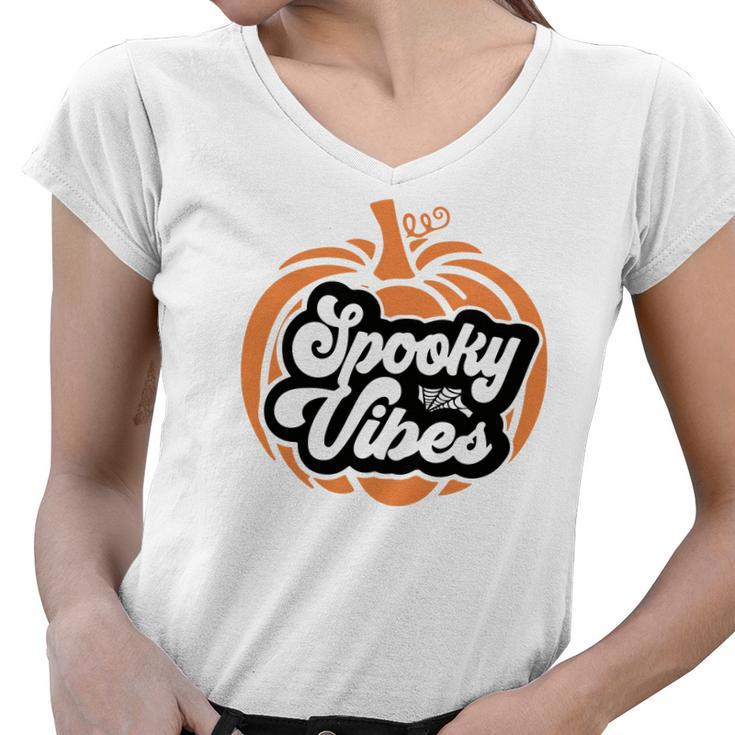 Pumpkin Thick Thights And Spooky Vibes Halloween Women V-Neck T-Shirt