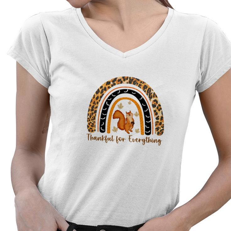 Rainbow Cute Squirrel Thankful For Everything Fall Women V-Neck T-Shirt