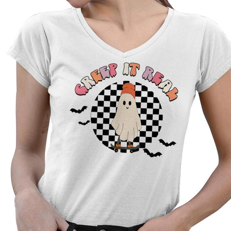 Retro Checkered Creep It Real Ghost Skater Funny Halloween  Women V-Neck T-Shirt