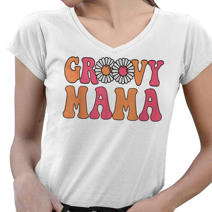 Retro Groovy Mama Matching Family 1St Birthday Party  V2 Women V-Neck T-Shirt