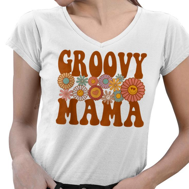 Retro Groovy Mama Matching Family 1St Birthday Party  Women V-Neck T-Shirt