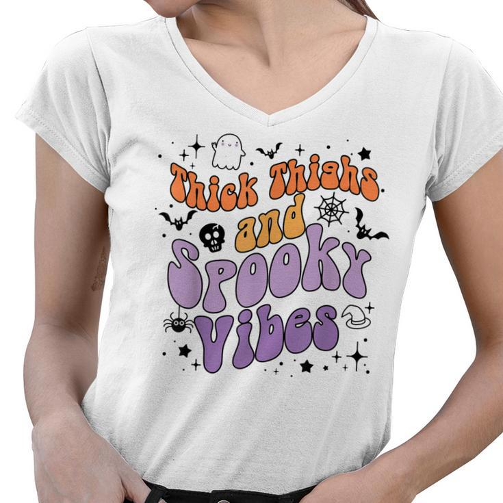 Retro Groovy Thick Thighs And Spooky Vibes Funny Halloween  Women V-Neck T-Shirt