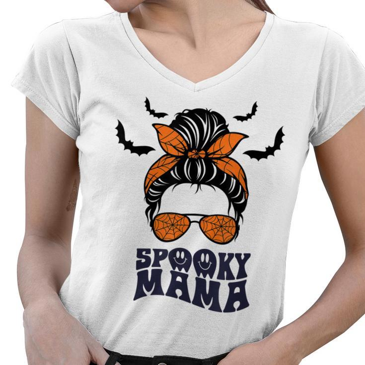 Retro Halloween Spooky Mama Messy Bun Funny Costume For Mom  Women V-Neck T-Shirt