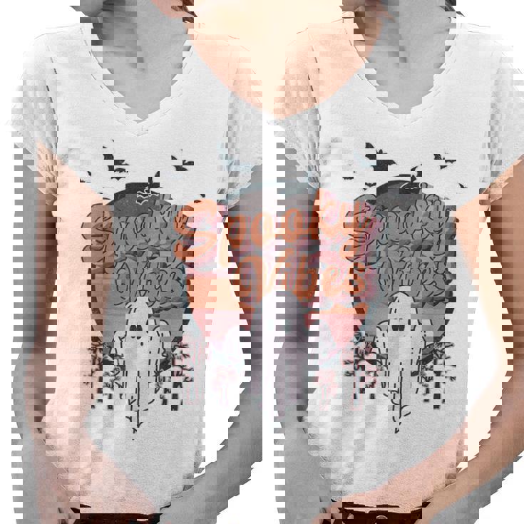 Retro Spook Vibes Boo Ghost Spooky Season Funny Halloween  Women V-Neck T-Shirt