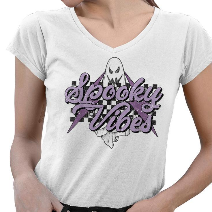 Retro Spooky Vibes Creepy Ghost Spooky Season Halloween  Women V-Neck T-Shirt