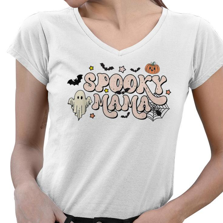 Retro Vintage Spooky Mama One Thankful Mama Funny Halloween  V2 Women V-Neck T-Shirt