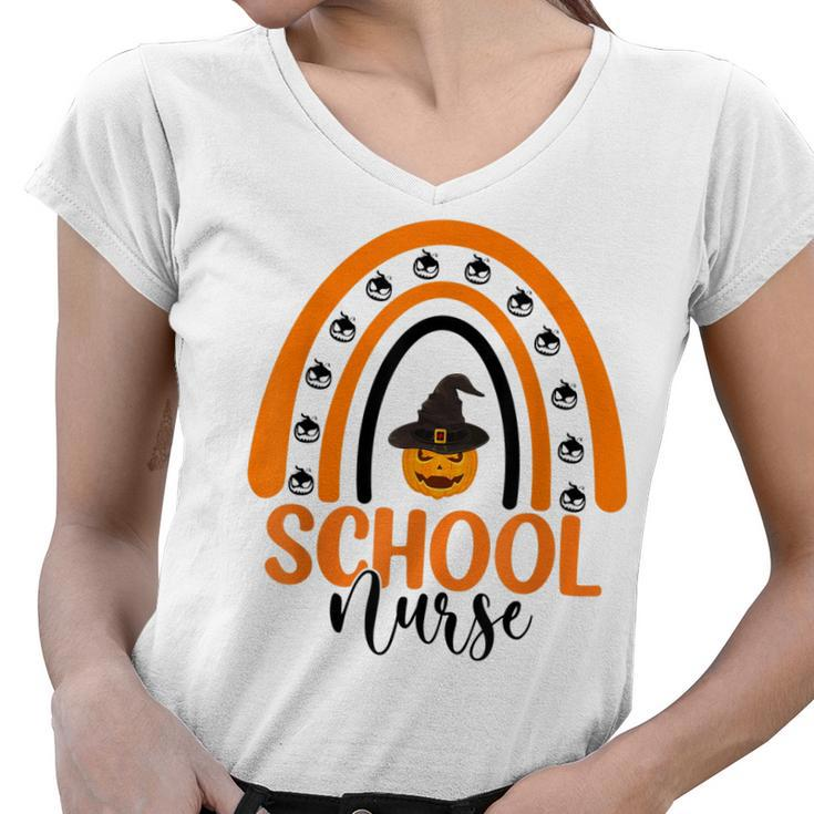 School Nurse Spooky Halloween Pumpkin Rainbow Nursing  Women V-Neck T-Shirt