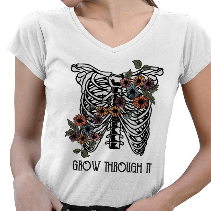 Skeleton And Plants Grow Through It Design Women V-Neck T-Shirt