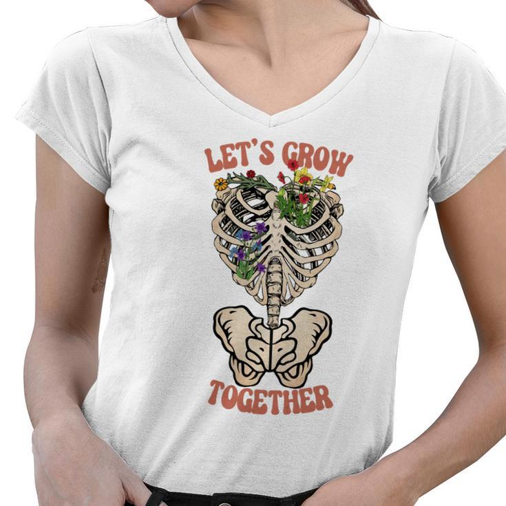 Skeleton And Plants Lets Grow Together Women V-Neck T-Shirt