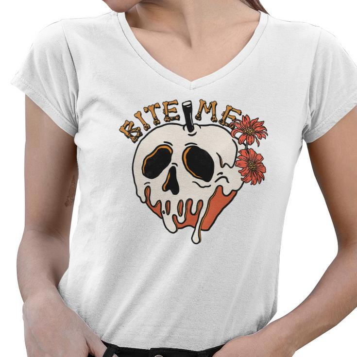 Skeleton Halloween Bite Me Spooky Design Women V-Neck T-Shirt