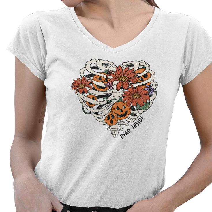 Skeleton Halloween Flower Heart Dead Inside Women V-Neck T-Shirt
