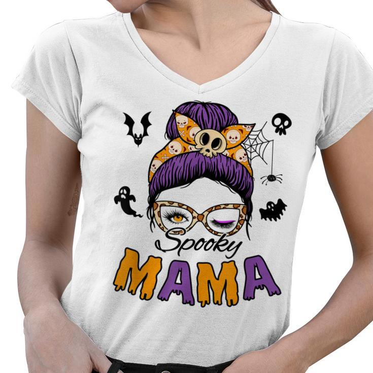Skull Messy Bun Halloween Spooky Mama Mom Halloween  Women V-Neck T-Shirt