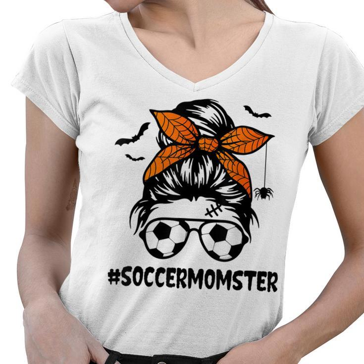 Soccer Momster  For Women Halloween Mom Messy Bun Hair  Women V-Neck T-Shirt