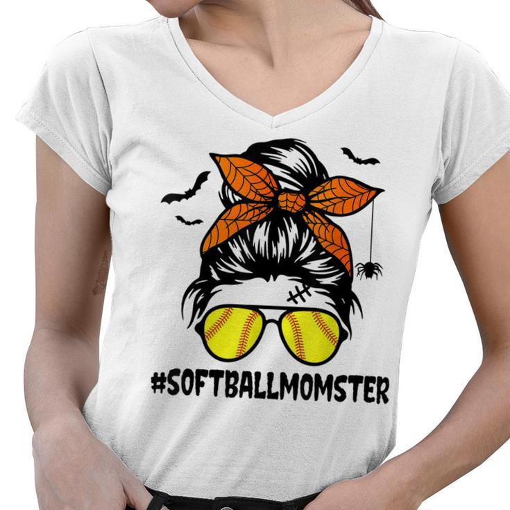 Softball Momster  For Women Halloween Mom Messy Bun  Women V-Neck T-Shirt