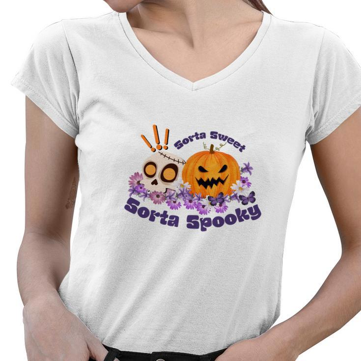Sorta Sweet Sorta Spooky Halloween Pumpkin Skull Women V-Neck T-Shirt