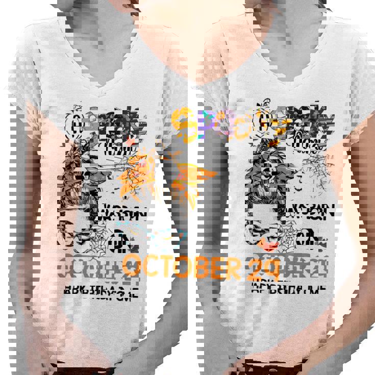 Spooky Mama Born On October 29Th Birthday Bun Hair Halloween  Women V-Neck T-Shirt