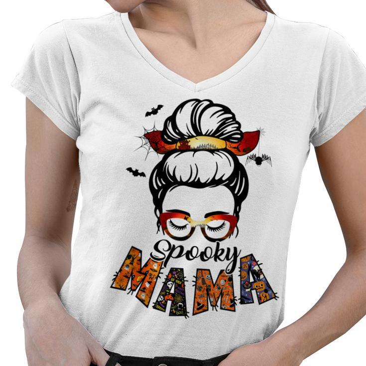 Spooky Mama Halloween Messy Bun Witch Mom Women Spooky  Women V-Neck T-Shirt