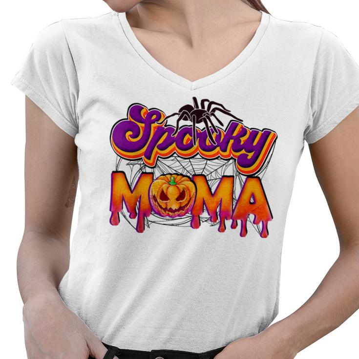 Spooky Mama Jack O Lantern Halloween Mama Pumpkin  Women V-Neck T-Shirt