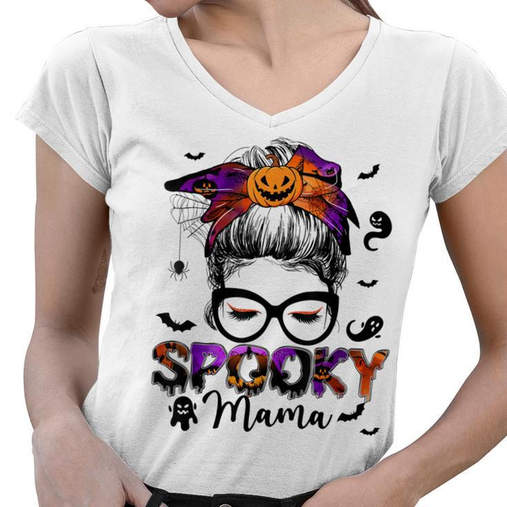 Spooky Mama Messy Bun Halloween Jack O Lantern Mom  Women V-Neck T-Shirt
