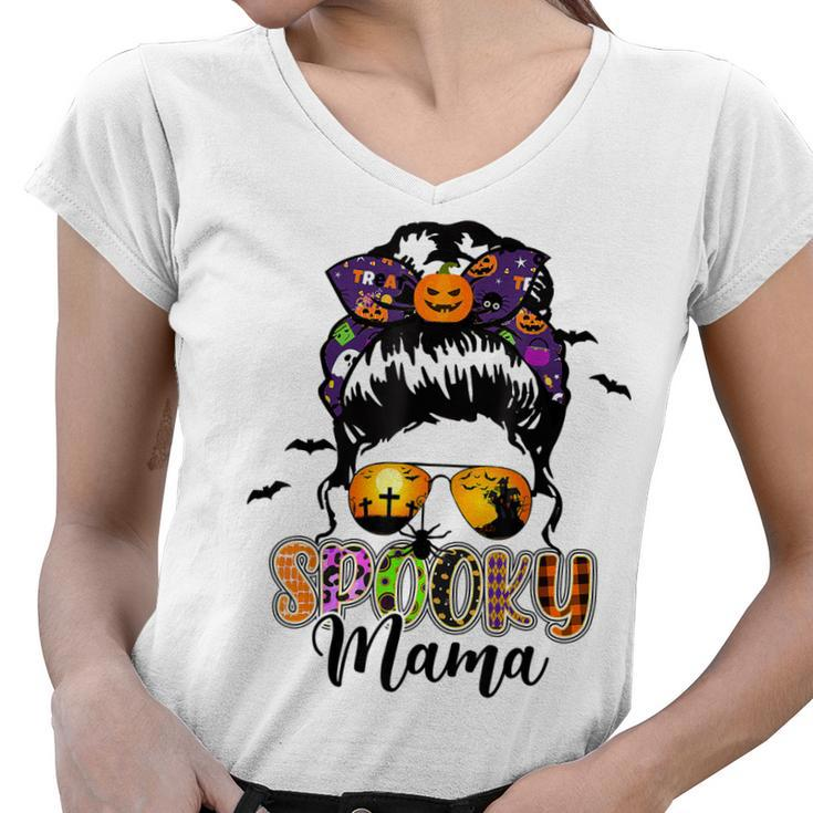 Spooky Mama Messy Bun Mom Life Halloween  V2 Women V-Neck T-Shirt