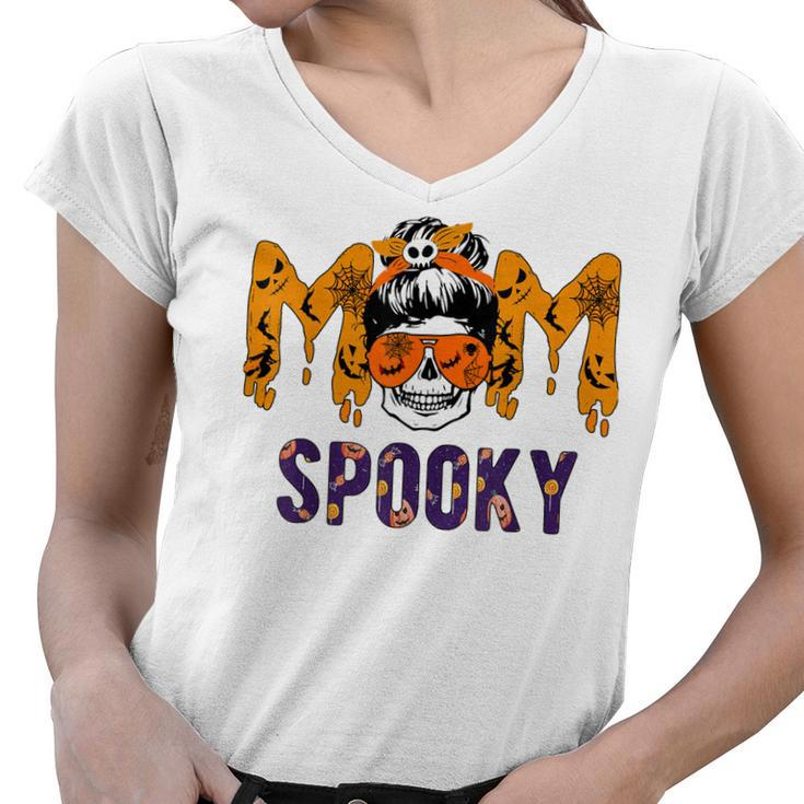 Spooky Mama Messy Skull Mom Witch Halloween Women  Women V-Neck T-Shirt