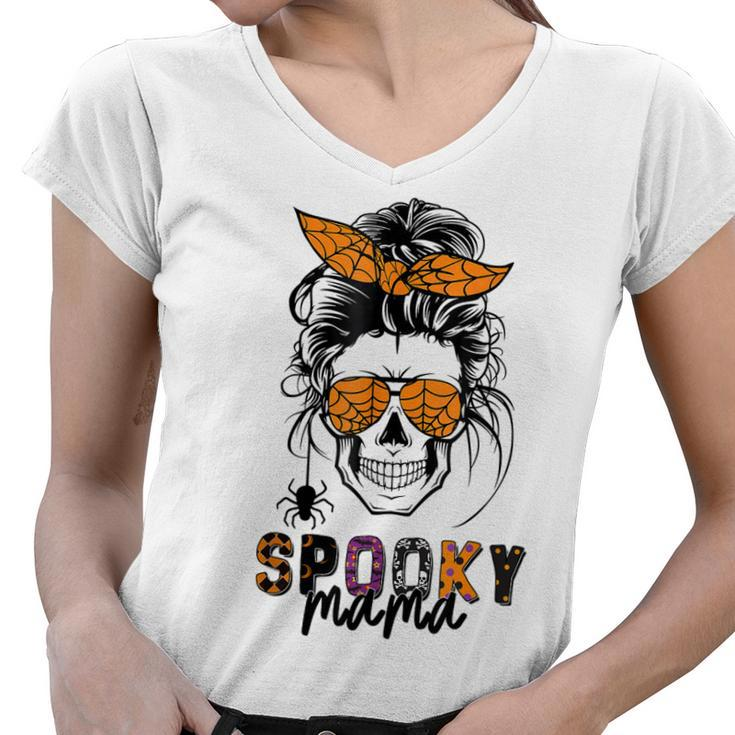 Spooky Mama Skull Halloween Womens Messy Bun Witch  Women V-Neck T-Shirt