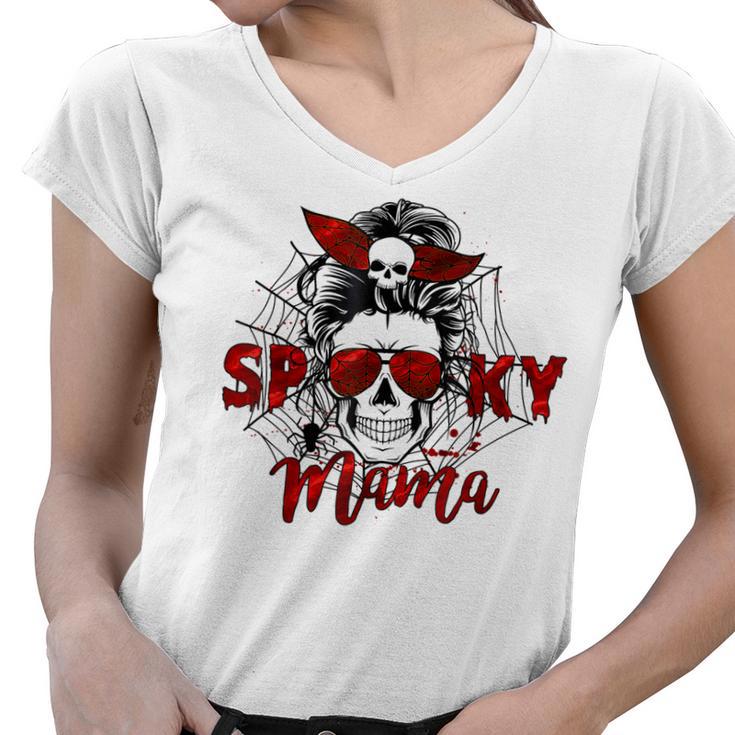 Spooky Mama Skull Witch Women Messy Bun Halloween Costume Women V-Neck T-Shirt