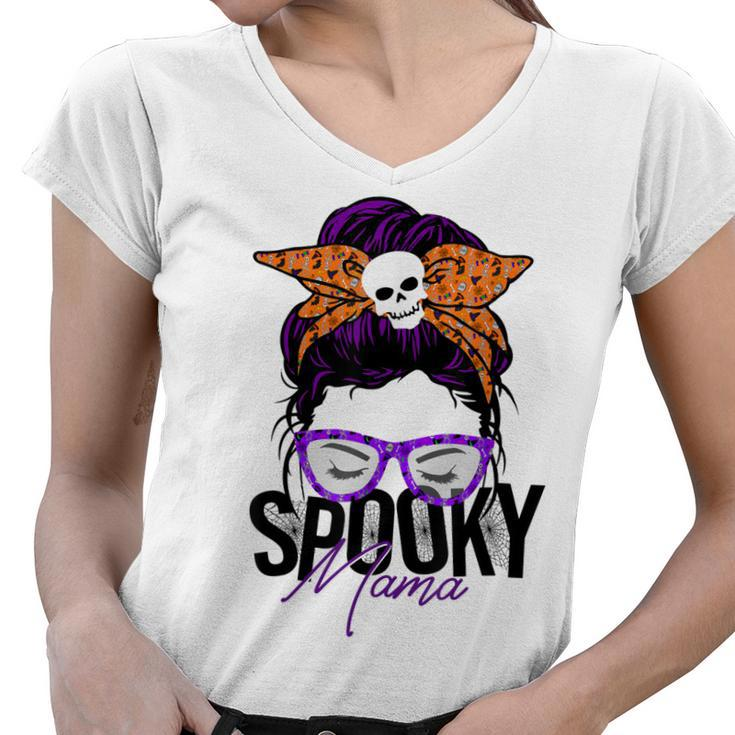 Spooky Messy Bun Mama Happy Halloween  Women V-Neck T-Shirt