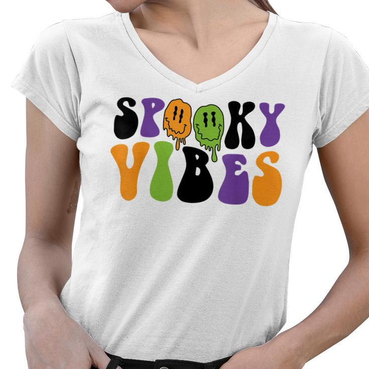 Spooky Vibes Dripping Smile Face Funny Halloween Night Party  Women V-Neck T-Shirt