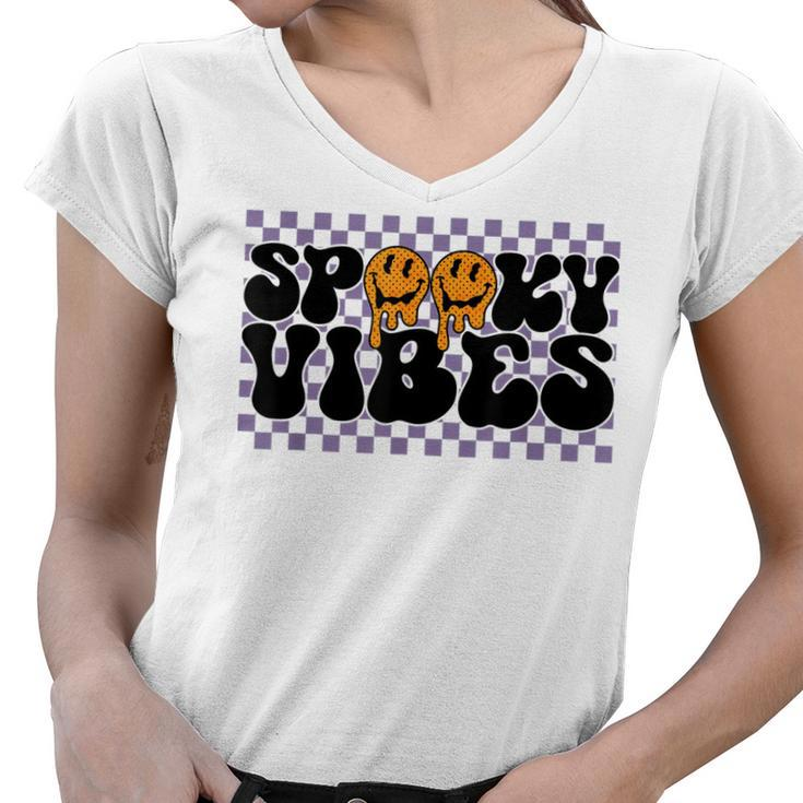 Spooky Vibes Groovy Scary Happy Face Halloween  Women V-Neck T-Shirt