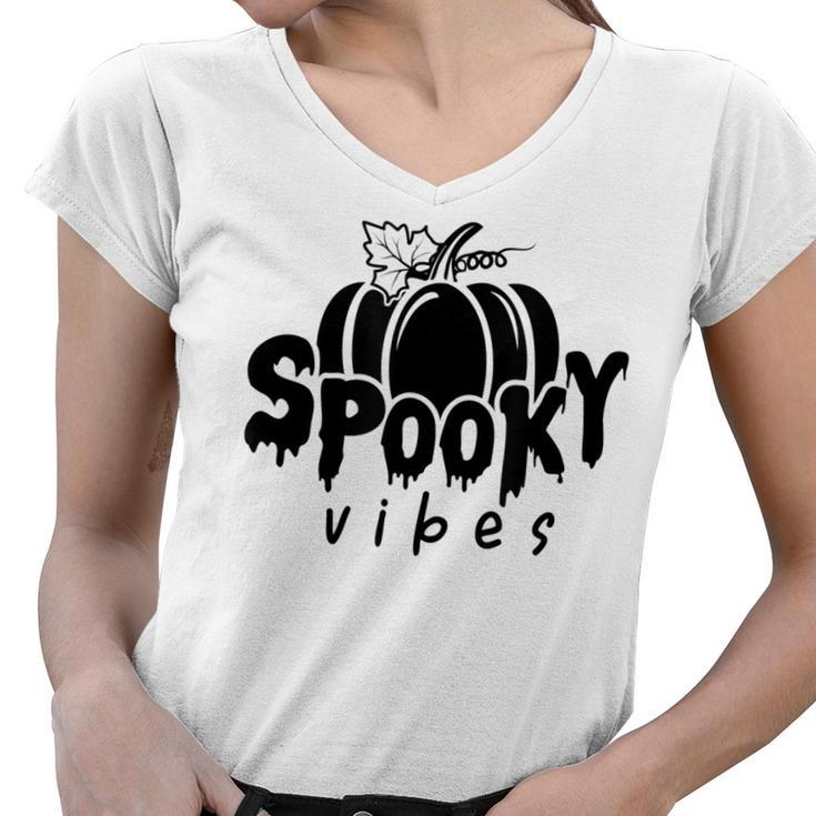 Spooky Vibes Halloween Graphic Meme Pumpkin Fall Graphic  Women V-Neck T-Shirt