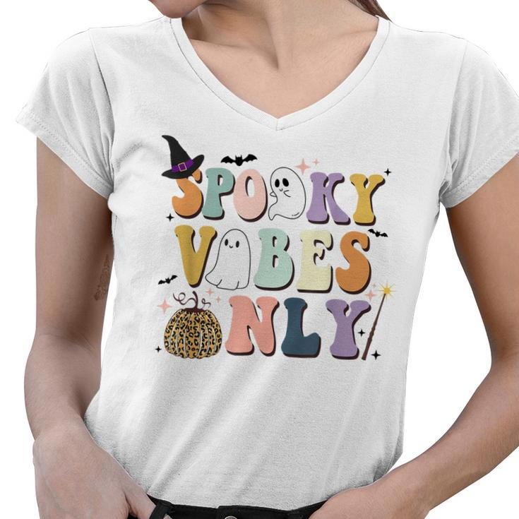 Spooky Vibes Only Retro Halloween Pumpkin Ghost Boo Kids  Women V-Neck T-Shirt
