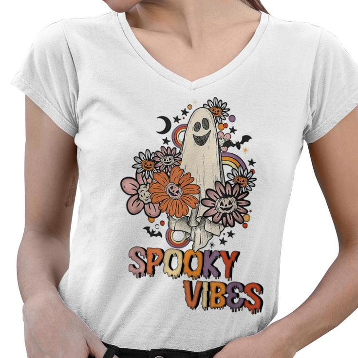 Spooky Vibes Rainbow Boo Pumpkin Flower Autumn Halloween Day  Women V-Neck T-Shirt