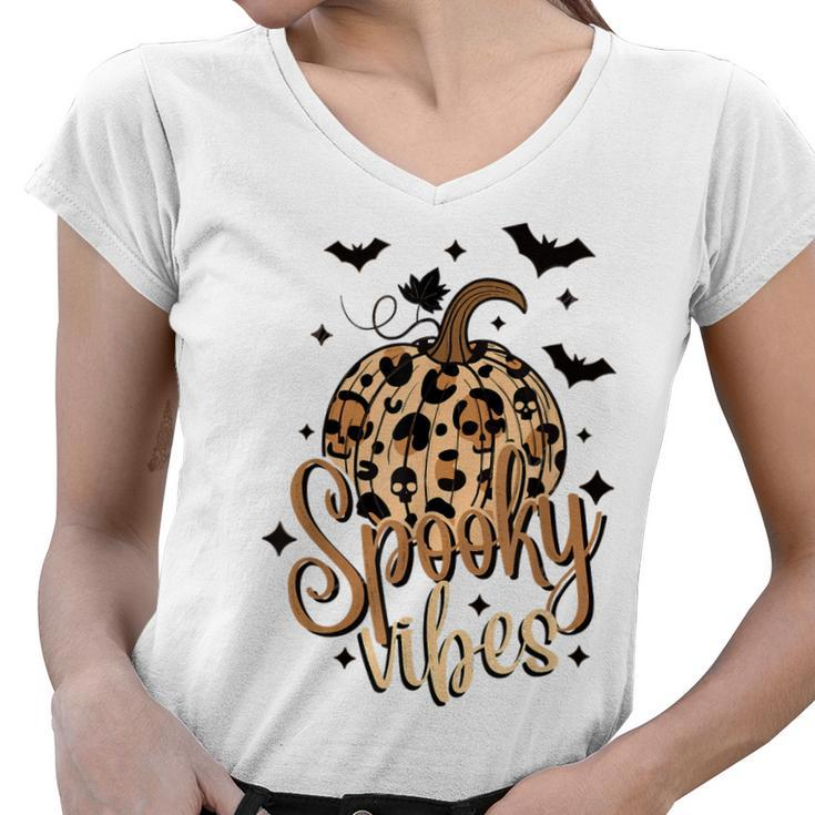 Spooky Vibes Skull Leopard Pumpkin Vintage Boho Halloween  Women V-Neck T-Shirt